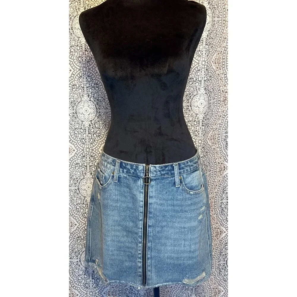 American Bazi Los Angeles Womens Distressed Denim Skirt Size L With Front Zipper - Picture 2 of 13